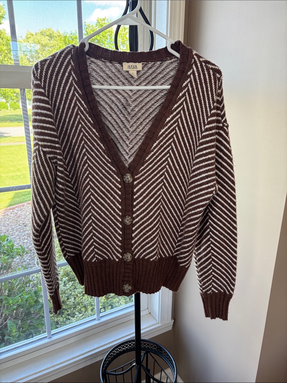 a.n.a Brown & White Chevron V-Neck Cardigan